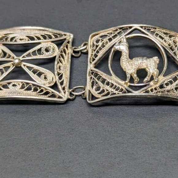 Vintage Silver Filigree Egyptian Llama Story Teller Panel Link 900 Bracelet Cuff - Picture 7 of 9